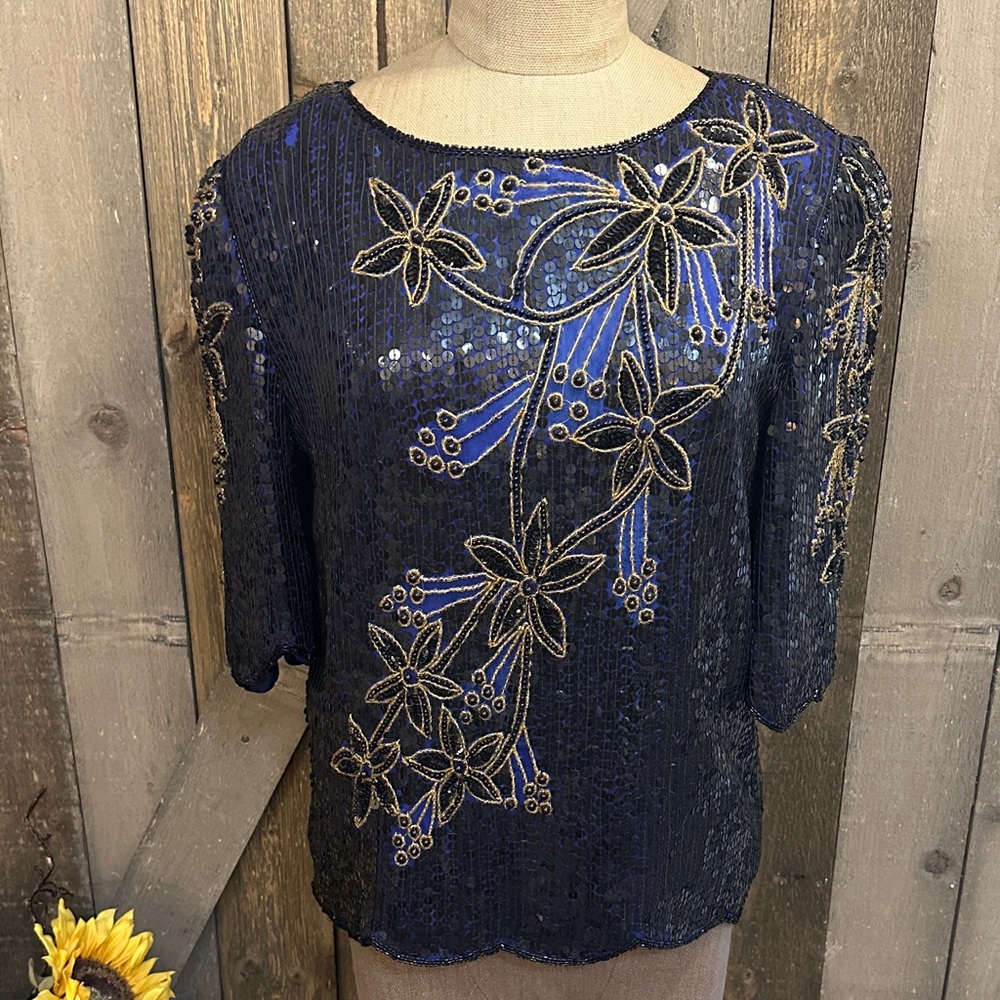 Scala Vintage Navy Gold Sequined & Beaded Evening Top Glam Floral Size Medium